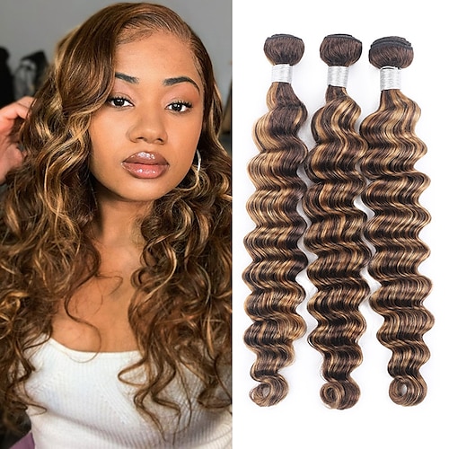 

3 Bundles Hair Weaves Brazilian Hair Loose Deep Wave Human Hair Extensions Remy Human Hair Ombre 10-28 inch Light Brown Dark Brown Women Youth / Daily Wear