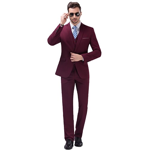 

Burgundy Men's Wedding Party / Evening Suits 3 Piece Solid Colored Standard Fit Single Breasted One-button 2022