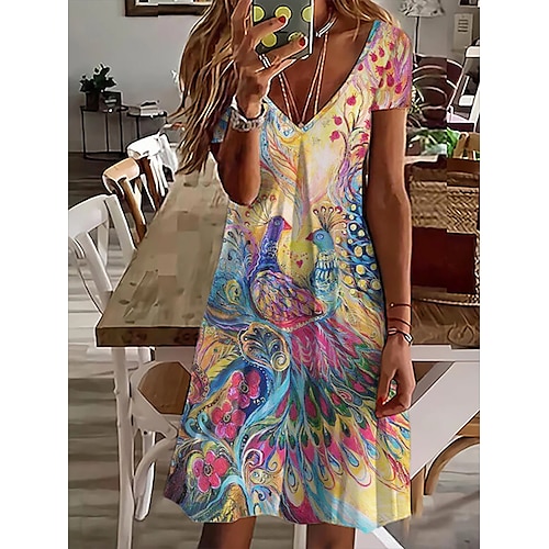 

Women's A Line Dress Knee Length Dress Blue Rainbow Short Sleeve Floral Animal Print Spring Summer V Neck Basic 2022 S M L XL XXL 3XL / 3D Print