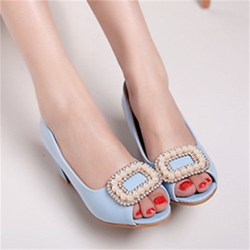 

Women's Heels Daily Summer Rhinestone Chunky Heel Peep Toe Minimalism PU Leather Loafer Solid Colored Rosy Pink Light Blue White