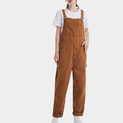 

Women's Overall Pocket Solid Color Square Neck Streetwear Street Daily Straight Regular Fit Sleeveless Brown S M L Spring