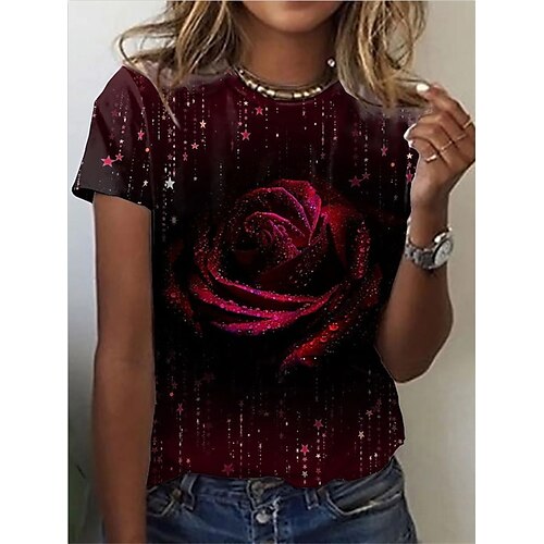 

Women's T shirt Tee Red Floral Patchwork Print Short Sleeve Casual Daily Basic Round Neck Regular S / 3D Print