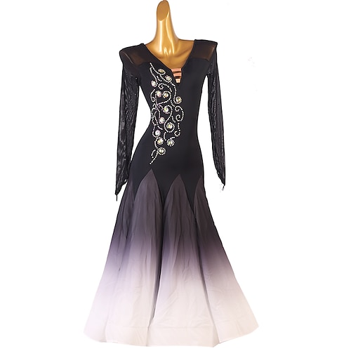 

Ballroom Dance Dress Splicing Crystals / Rhinestones Women's Training Performance Long Sleeve Chinlon Mesh Chiffon