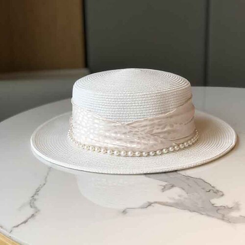

Hats Basketwork Pearl Straw Hat Wedding Fashion With Ribbons Headpiece Headwear