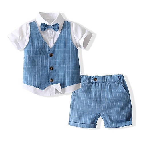 

3 pezzi Bambino Da ragazzo Completo Vestito A quadri Manica corta Con fiocco Impostare Strada Giornaliero Stile preppy Estate 2-6 anni Verde Blu Rosa