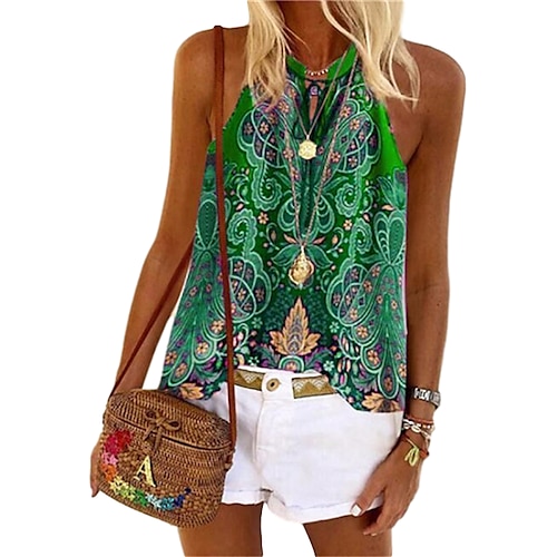 

Women's Floral Graphic Patterned Daily Going out Bohemian Theme Blouse Tank Top Sleeveless Print Halter Neck Sexy Hawaiian Boho Tops Green Blue Red S