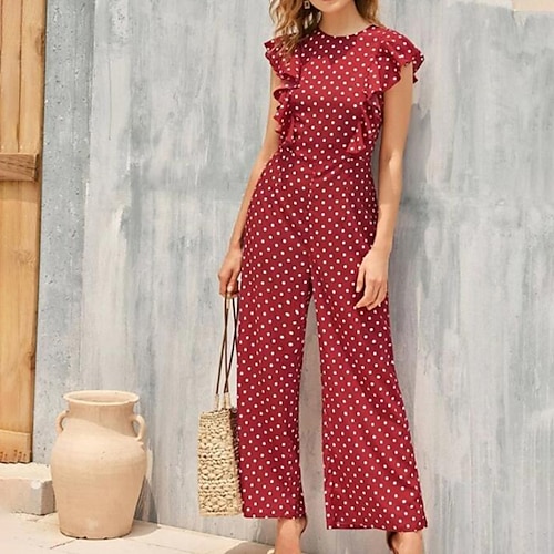 

Women's Jumpsuit Ruffle Polka Dot Crew Neck Streetwear Daily Weekend Regular Fit Sleeveless Wine S M L Spring