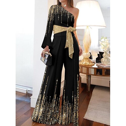 

Women's Jumpsuit Cut Out Belted Solid Color One Shoulder Elegant Party Club Wide Leg Regular Fit Long Sleeve White Black S M L Spring