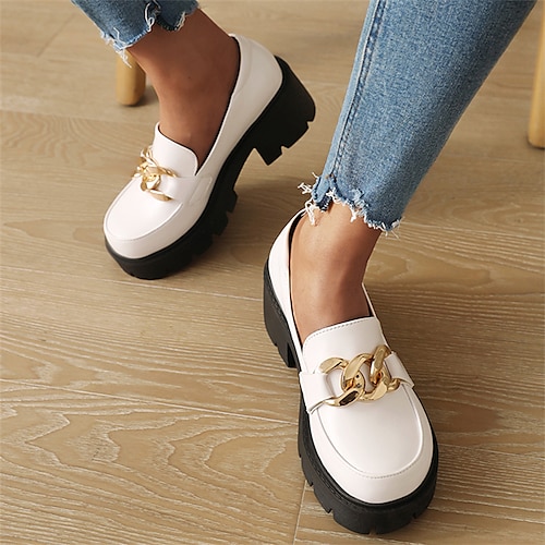 

Women's Loafers Daily Classic Loafers Platform Loafers Summer Chunky Heel Round Toe Minimalism PU Leather Loafer Solid Colored Black White