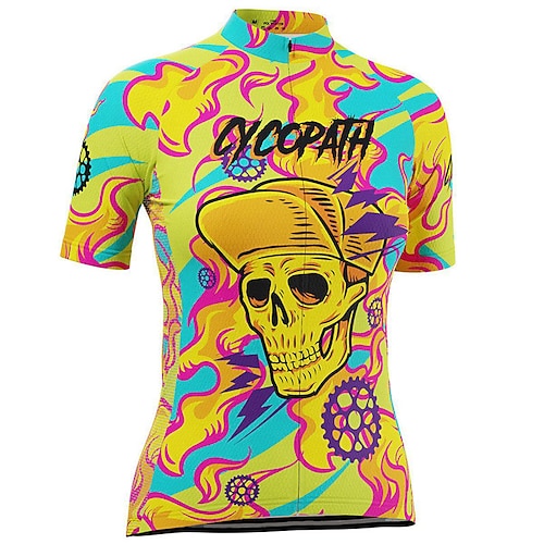 

21Grams Women's Cycling Jersey Short Sleeve Bike Top with 3 Rear Pockets Mountain Bike MTB Road Bike Cycling Breathable Quick Dry Moisture Wicking Reflective Strips Yellow Skull Polyester Spandex