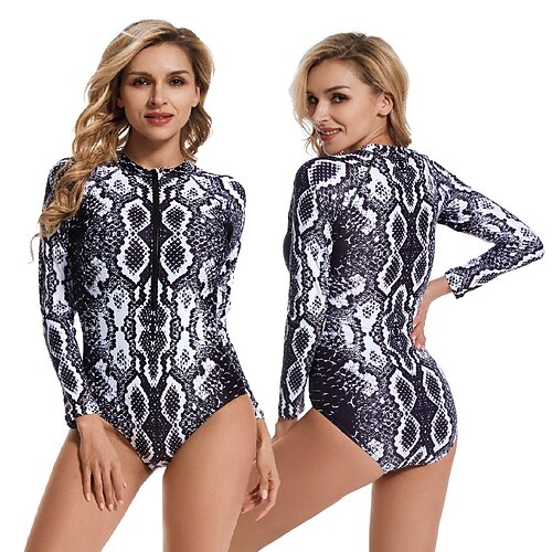 

Women's One Piece Swimsuit Rash Guard Swimwear Bathing Suit UV Sun Protection UPF50 Breathable Stretchy Long Sleeve Front Zip - Swimming Surfing Beach Water Sports Leopard Print Summer / Quick Dry