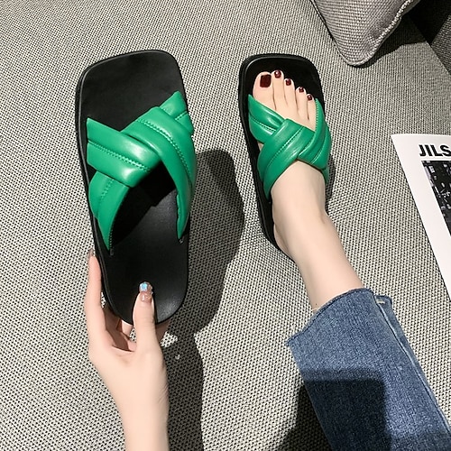 

Women's Sandals Plus Size Outdoor Slippers Puffy Sandals Daily Summer Flat Heel Open Toe Casual Faux Leather Loafer Solid Colored Black Yellow Green