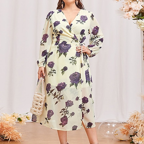 

Women's Plus Size Casual Dress Floral V Neck Ruched Long Sleeve Fall Spring Casual Midi Dress Causal Daily Dress / Print