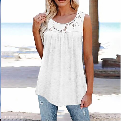 

Women's Tank Top Plain Casual Daily Tank Top Camis Lace Lace Trims Round Neck Basic Essential Casual Blue Leopard Print Grey Leopard Print White S