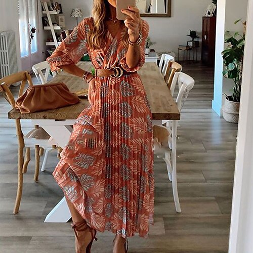 

Women's Casual Dress Swing Dress Boho Dress Long Dress Maxi Dress Red Beige Half Sleeve Floral Ruched Fall Spring Autumn V Neck Weekend Loose Fit 2023 S M L XL XXL