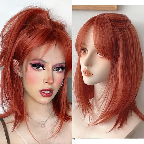 

Synthetic Wig Straight With Bangs Machine Made Wig Medium Length Synthetic Hair Women's Soft Party Easy to Carry Blonde Pink Black Wigs