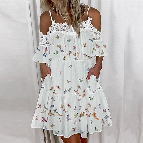 

Damen Casual kleid Etuikleid skims dress Minikleid Weiß Kurzarm Tier Spitze Frühling Sommer Spaghetti-Träger 2022 S M L XL XXL 3XL