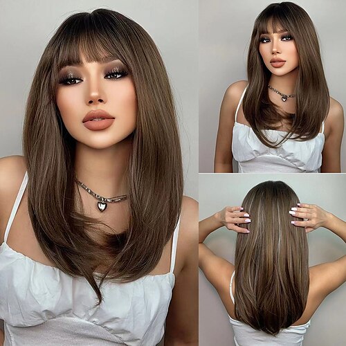 

HAIRCUEB Length Ombre Brown Dark Straight Women Wigs with Bangs Heat Resistant Natural Synthetic Wigs for Women Daily Cosplay Party