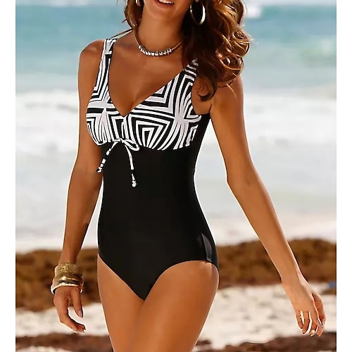 Women's Swimwear One Piece Monokini Bathing Suits Normal Swimsuit Modest Swimwear Tummy Control High Waisted Striped Color Block Black Padded V Wire Bathing Suits Sports Vacation Sexy / Strap / New, lightinthebox  - buy with discount