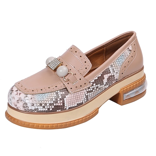 

Women's Loafers Daily Platform Loafers Summer Imitation Pearl Block Heel Round Toe Sweet PU Leather Loafer Snake Almond