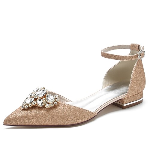 

Women's Wedding Shoes Wedding Party Dress Shoes Wedding Flats Summer Rhinestone Flat Heel Pointed Toe Elegant Classic Glitter Ankle Strap Solid Colored Champagne White Silver