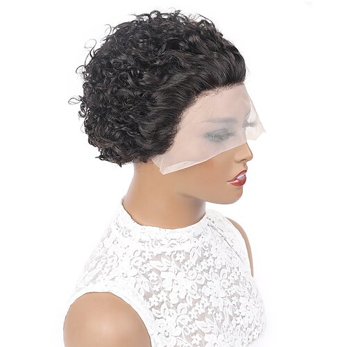 

Remy Human Hair 132 Frontal Wig Pixie Cut Brazilian Hair Curly Black Wig 150% Density