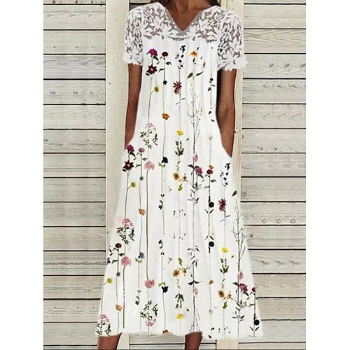 

Mulheres Vestido Swing Vestido midi Branco Meia Manga Floral Renda Outono Primavera Decote V Ajuste Largo 2022 S M L XL XXL