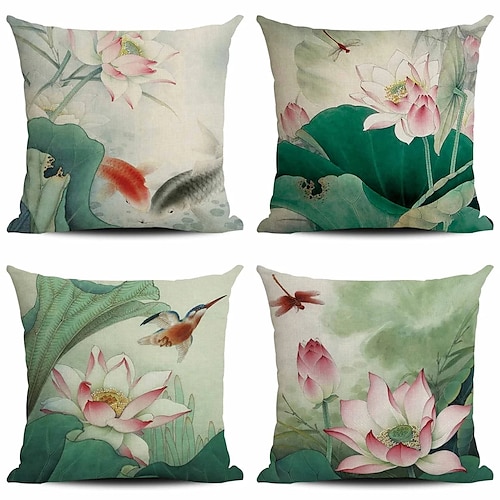 

Chinese Style Double Side Cushion Cover 4PC Soft Decorative Square Throw Pillow Cover Cushion Case Pillowcase for Bedroom Livingroom Superior Quality Machine Washable Indoor Cushion for Sofa Couch Bed Chair