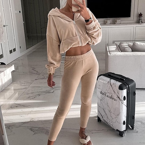 

Women's Basic Solid Color Sport Casual Daily Two Piece Set Sweatshirt Tracksuit Pants Sets Pant Zipper Tops