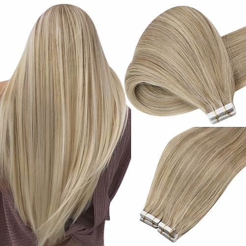 

Invisible Tape in Hair Extensions Real Human Hair Blonde Highlight Tape ins Brazilian Hair Extensions Soft Silky Tape in Extensions Human Hair Dark Ash Blonde and Golden Blonde 12-28inch 50g/20pcs