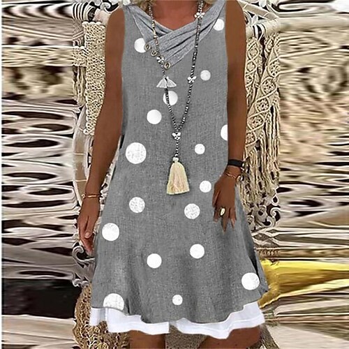 

Women's Shift Dress PolkaDotDress Mini Dress Gray Sleeveless Polka Dot Fake two piece Spring Summer V Neck Loose Fit 2022 S M L XL XXL