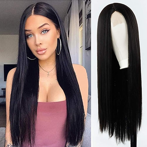 

28 inch Long Straight Black Wigs, Synthetic Long Wigs for Women Straight ,Looking Natural Heat Resistant Long Hair Wigs(Black)