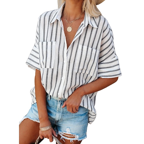 

Women's Blouse Shirt Blue Pink Light Blue Striped Half Sleeve Casual Daily Casual Shirt Collar Regular S