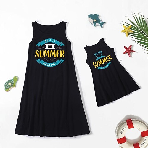 

Mommy and Me Dresses Cartoon Coconut Tree Letter Daily Print Black Sleeveless Knee-length Tank Dress Casual Matching Outfits
