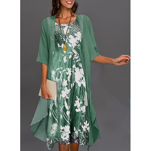

комплект женского платья из двух частей платье миди платье зеленый синий серый с коротким рукавом цветочный принт лето весна u-образный вырез повседневная 2023 s m l xl xxl 3xl