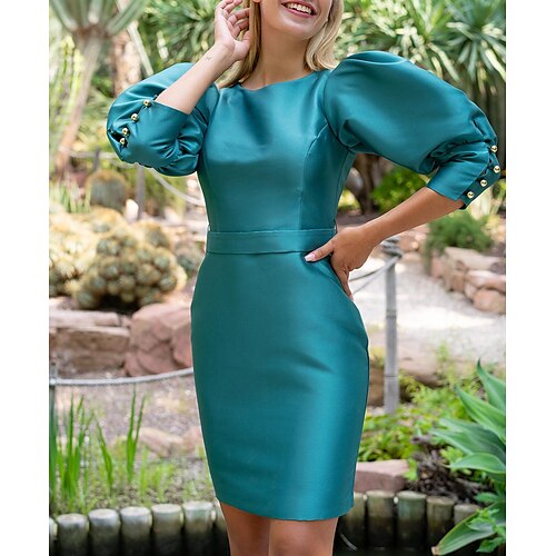 

Sheath / Column Elegant Homecoming Wedding Guest Dress Jewel Neck Half Sleeve Knee Length Satin with Buttons Slit 2022