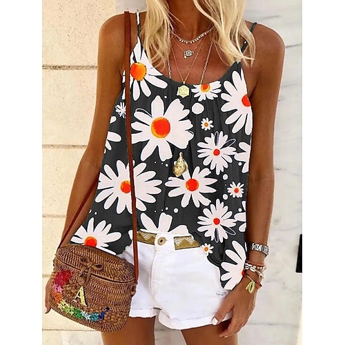 

Women's Camisole Tank Top Vest Black White Pink Floral Daisy Print Sleeveless Daily Holiday Streetwear Casual Round Neck Regular Floral S