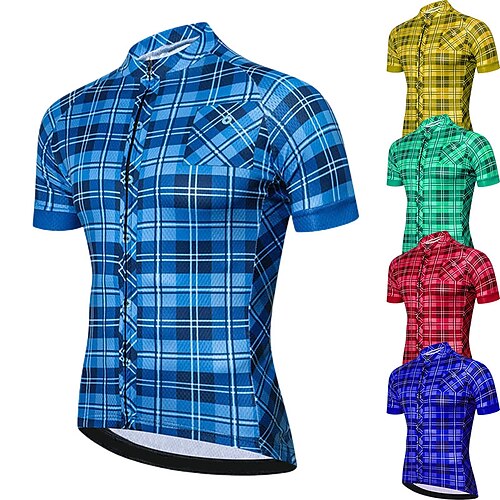 

21Grams Men's Cycling Jersey Short Sleeve Bike Top with 3 Rear Pockets Mountain Bike MTB Road Bike Cycling Breathable Quick Dry Moisture Wicking Reflective Strips Green Yellow Royal Blue Plaid