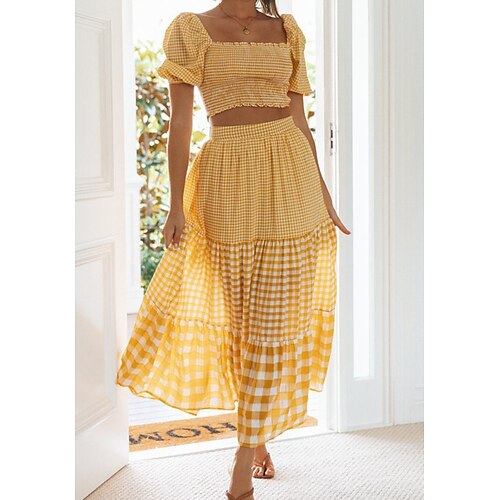 

Women's Crop Top Blouse Skirt Sets Basic Yellow Casual Vacation Plaid Ruffle Print Square Neck S M L XL