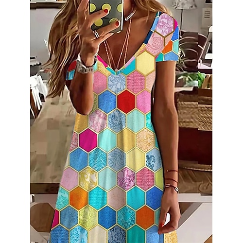 Damen A Linie Kleid Knielanges Kleid Regenbogen Kurzarm Geometrisch Bedruckt Frühling Sommer V-Ausschnitt Grundlegend 2022 S M L XL XXL 3XL / 3D-Druck