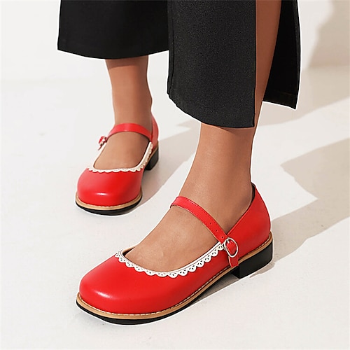 

Women's Flats Mary Jane Lolita Daily Summer Chunky Heel Square Toe Lolita Minimalism PU Leather Ankle Strap Solid Colored Black Rosy Pink Red