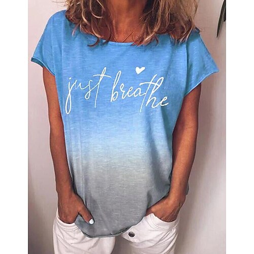 

Women's T shirt Tee Blue Heart Color Gradient Print Short Sleeve Casual Valentine Basic Round Neck Regular Painting S / 3D Print