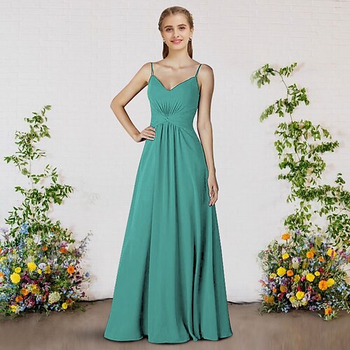 

A-Line Bridesmaid Dress V Neck / Spaghetti Strap Sleeveless Elegant Floor Length Chiffon with Pleats 2022