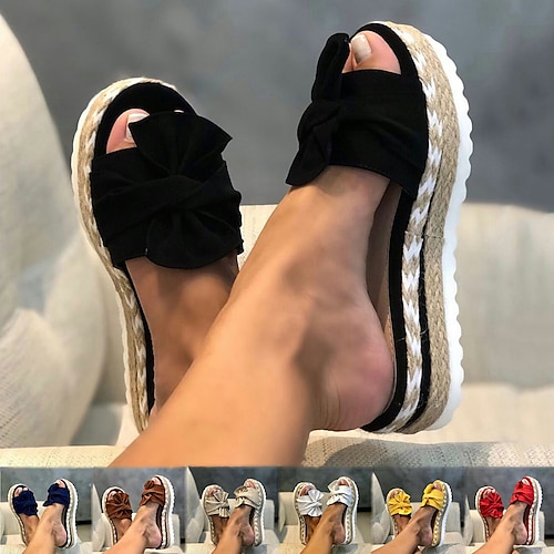 

Women's Sandals Slippers Espadrilles Platform Sandals Outdoor Slippers Outdoor Daily Beach Summer Bowknot Platform Flat Heel Open Toe Casual Minimalism Canvas Loafer Solid Color Dark Brown Black White