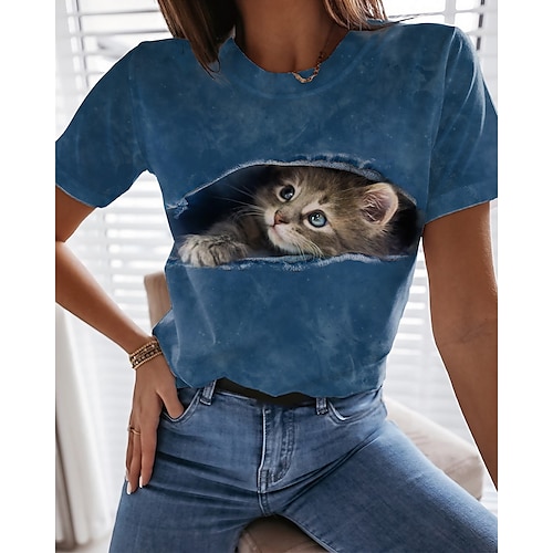 Women's T shirt Tee Blue Cat 3D Print Short Sleeve Casual Weekend Basic Round Neck Regular 3D Cat Painting S