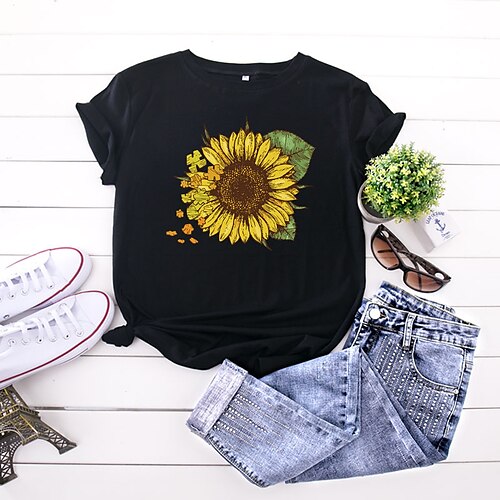 

Women's T shirt Basic Print Flower / Floral Basic Round Neck T-shirt Sleeve Stard Summer pea green Blue White Black Dark Red