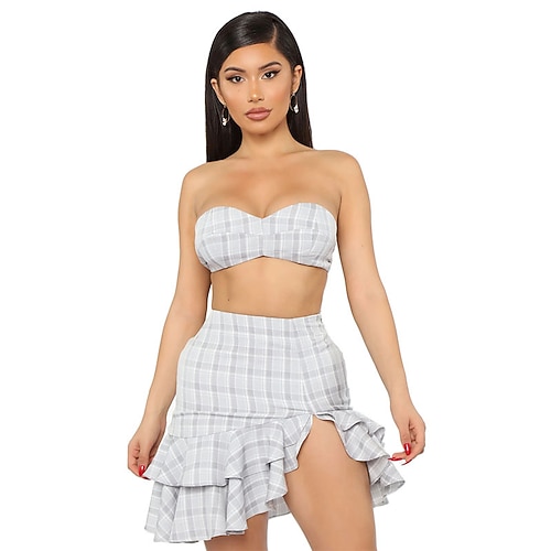 

Women's Bra Skirt Sets Sexy Blue Gray Holiday Vacation Plaid Ruffle Split S M L XL XXL