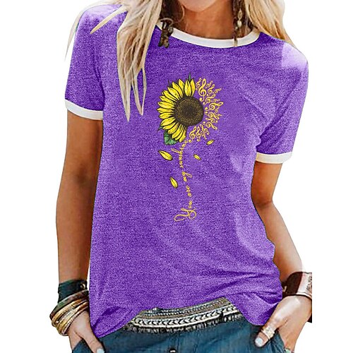 

Women's T shirt Tee Green Blue Purple Graphic Letter Patchwork Print Short Sleeve Daily Weekend Basic Round Neck Regular S / Sunflower