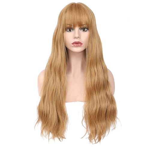 

Blonde Wigs with Bangs Synthetic Wigs with Bangs Wavy Wig Strawberry Blonde Color Natural Wave Heat Resistant Trendy Wig for Women 26inch