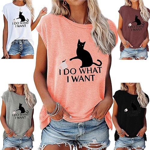 

Women's T shirt Tee White Pink Wine Cat Text Print Short Sleeve Casual Weekend Basic Round Neck Regular Painting S